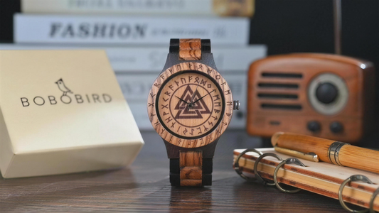 Viking Wooden Watch with custom engraved Norse detail on a natural wood strap and case