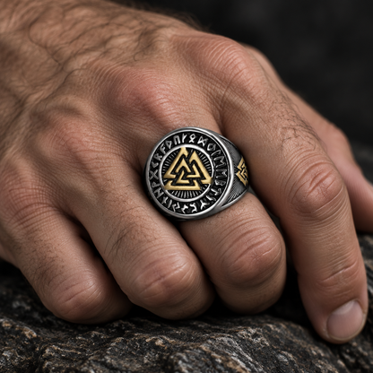 Valknut Signet Ring worn on a man's hand