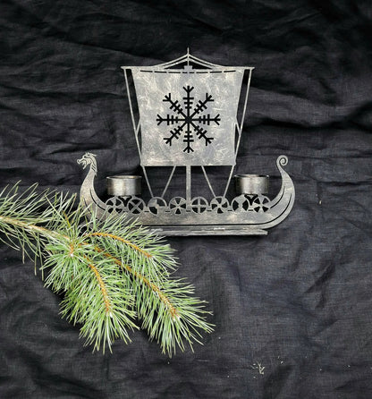 Viking Gift Set Wall Decor Aegishjalmur + Drakkar Candlestick + Mjolnir Tiwaz