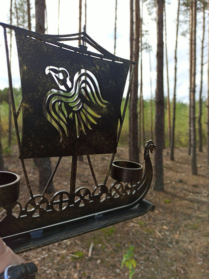 Drakkar Viking Ship Candleholder: Ragnar's Raven & Norse Runes