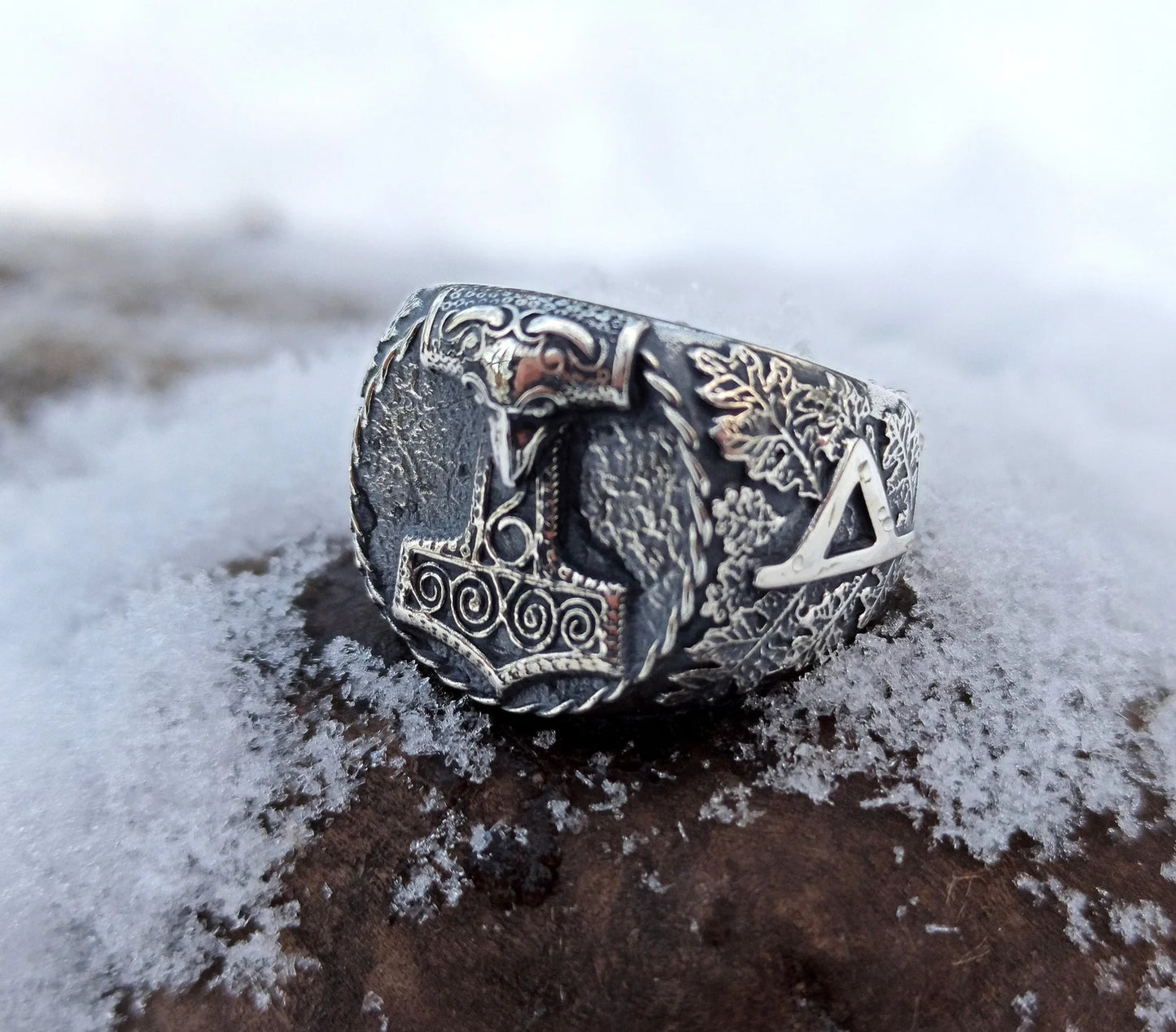 Mjolnir Signet ring | Thurisaz rune | Norse Viking mens Jewelry