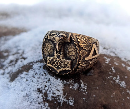 Mjolnir Signet ring | Thurisaz rune | Norse Viking mens Jewelry