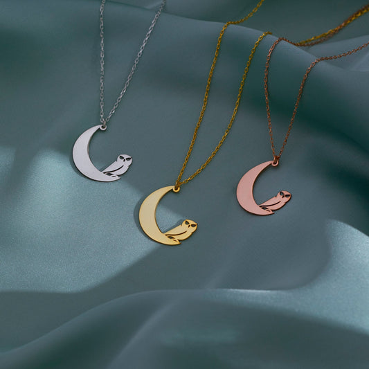 Moon and Owl Necklace, 925 Silver Moon Necklace | Gold Owl Necklace