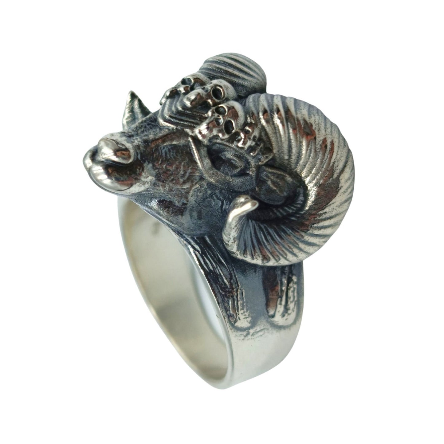 Viking ram head ring | Norse goat horns jewelry and skull