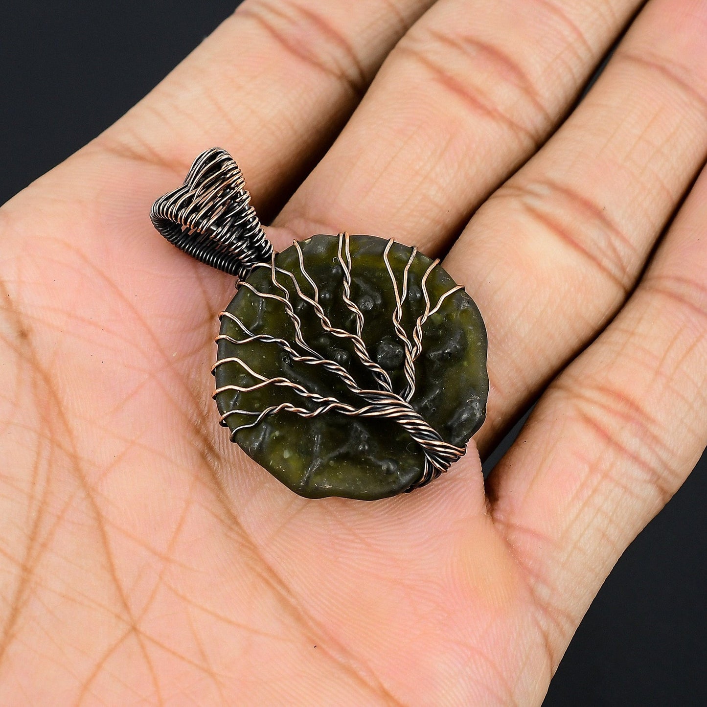 Tree Of Life Moldavite Pendant Moldavite Gemstone Copper Wire Wrapped Pendant Copper Jewelry Moldavite Jewelry Handmade