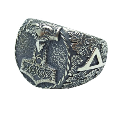 Mjolnir Signet ring | Thurisaz rune | Norse Viking mens Jewelry