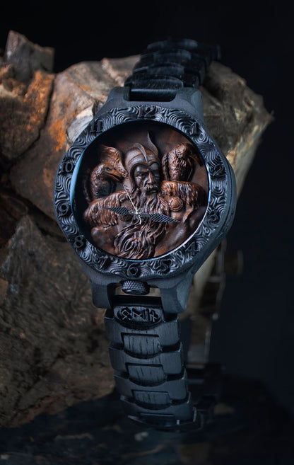 Odin & Thor Hammer Bog Oak Watch | Viking Symbols & Medieval Armor Design