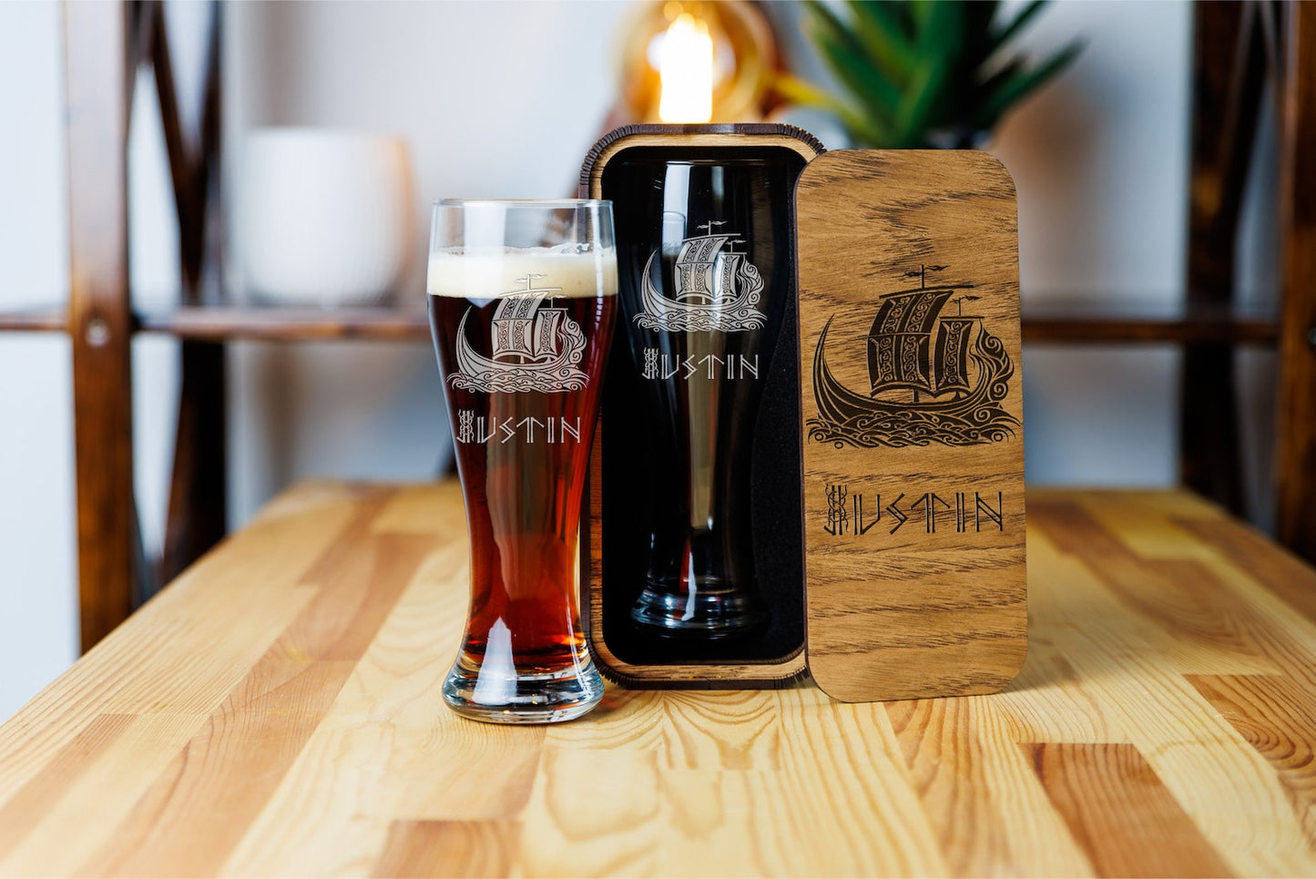 Personalized beer glass with Viking nordic symbols