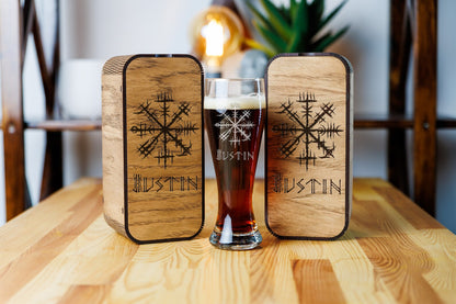 Custom Engraved Beer Glass Viking compas with Norse Mythology