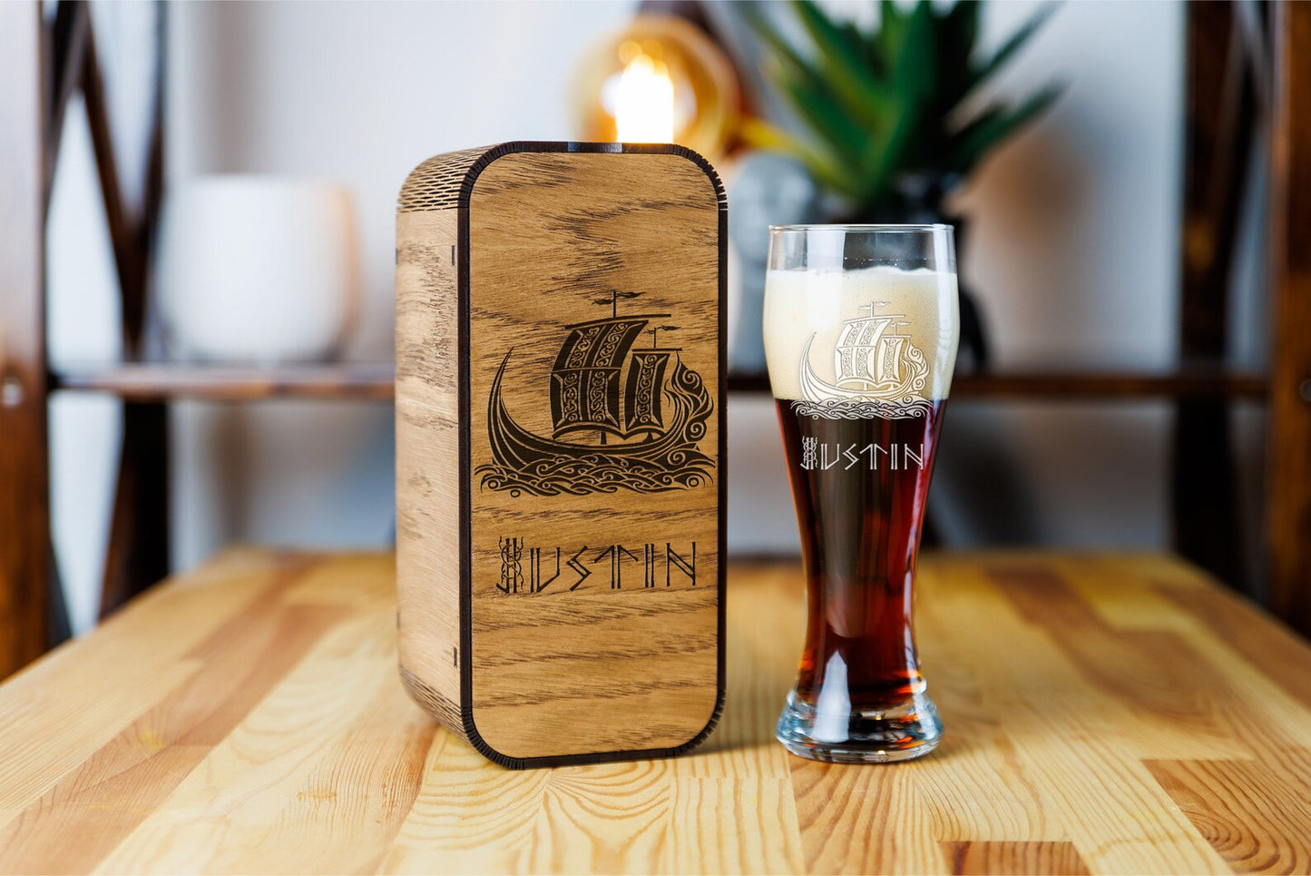 Personalized beer glass with Viking nordic symbols