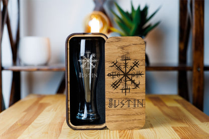 Custom Engraved Beer Glass Viking compas with Norse Mythology