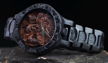 Odin & Thor Hammer Bog Oak Watch | Viking Symbols & Medieval Armor Design