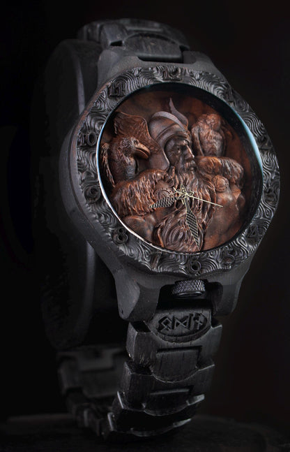 Odin & Thor Hammer Bog Oak Watch | Viking Symbols & Medieval Armor Design