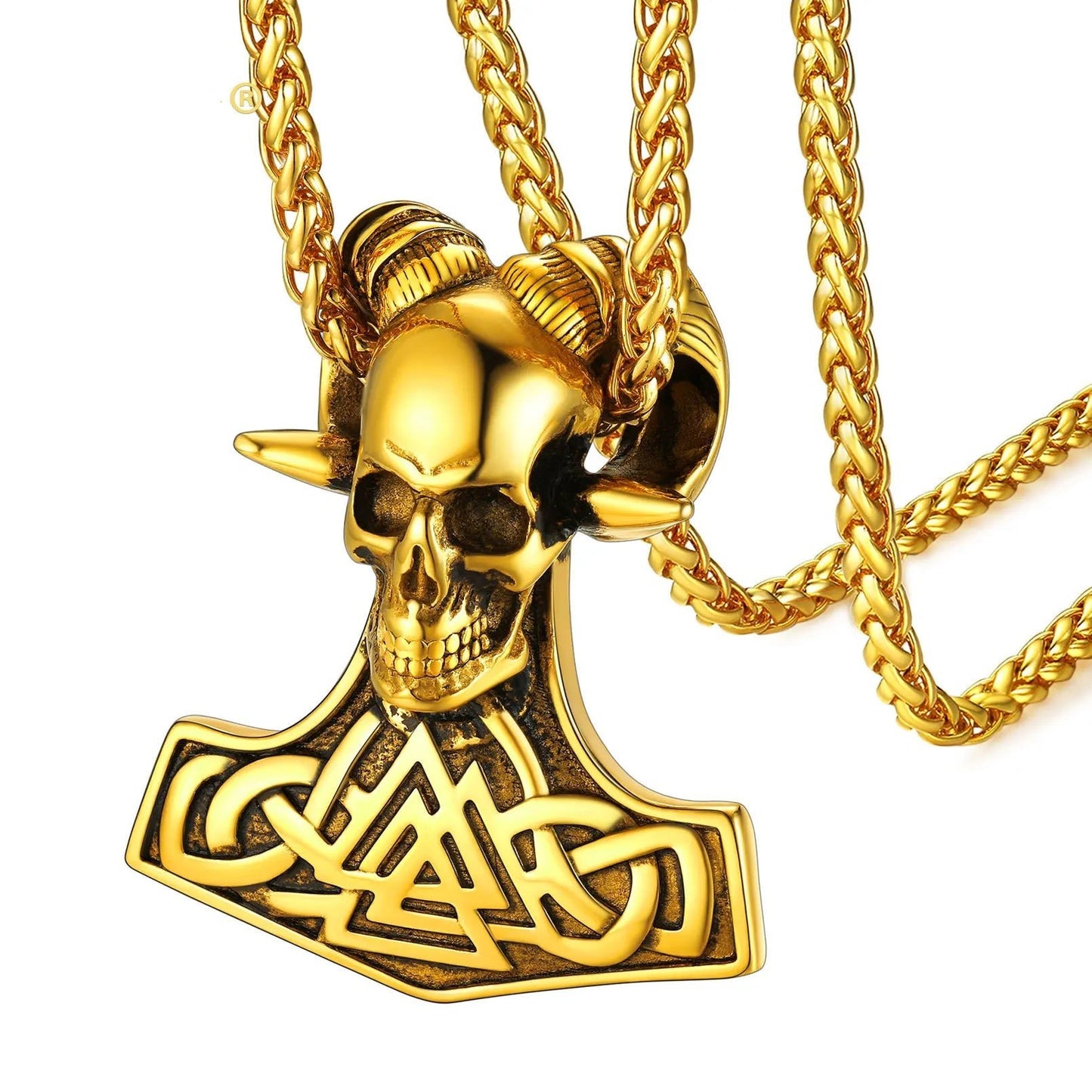 Norse Amulet Necklace – Thor’s Hammer & Goat Skull Pendant – Viking jewerly | Norse runes & Nordic jewelry
