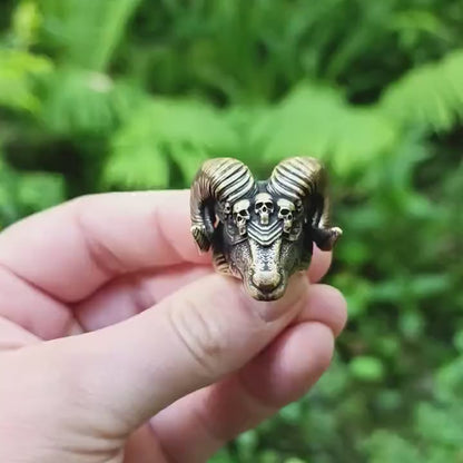 Viking ram head ring | Norse goat horns jewelry and skull