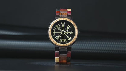 Viking Odin Rune Quartz Wristwatch for Men with Wooden Strap