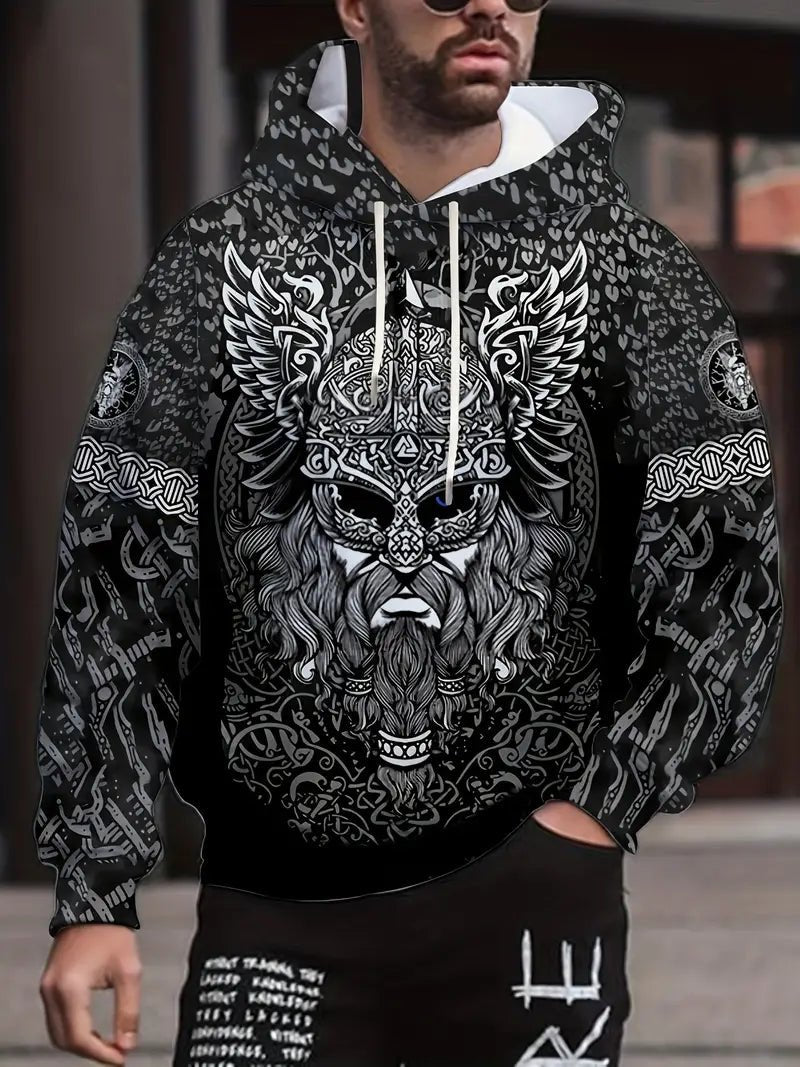 Retro Viking Warrior Print Hoodie, Cool Hoodies For Men – Viking fashion | Norse runes & Nordic jewelry