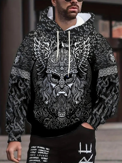 Retro Viking Warrior Print Hoodie, Cool Hoodies For Men – Viking fashion | Norse runes & Nordic jewelry