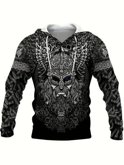 Retro Viking Warrior Print Hoodie, Cool Hoodies For Men – Viking fashion | Norse runes & Nordic jewelry