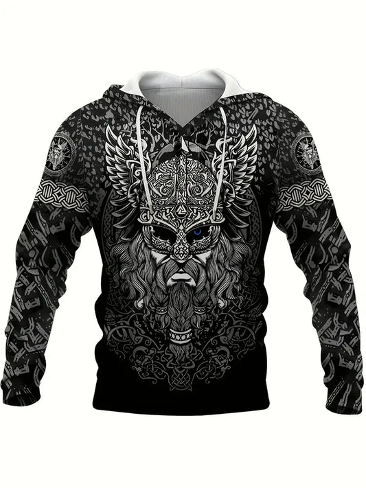 Retro Viking Warrior Print Hoodie, Cool Hoodies For Men – Viking fashion | Norse runes & Nordic jewelry
