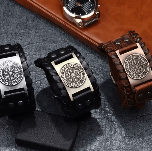 Retro Wide Leather Viking Vintage Compass Bracelet – Viking jewerly | Norse runes & Nordic jewelry