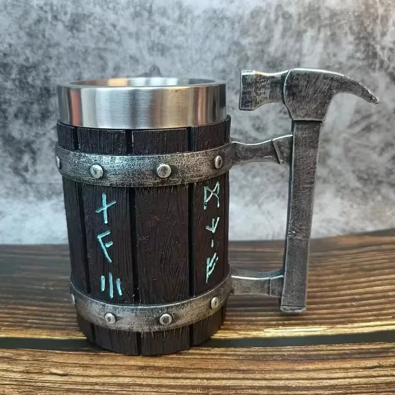 Viking Oak Barrel Beer Mug | 600ml Wooden Stein – Viking home decor | Norse runes & Nordic jewelry