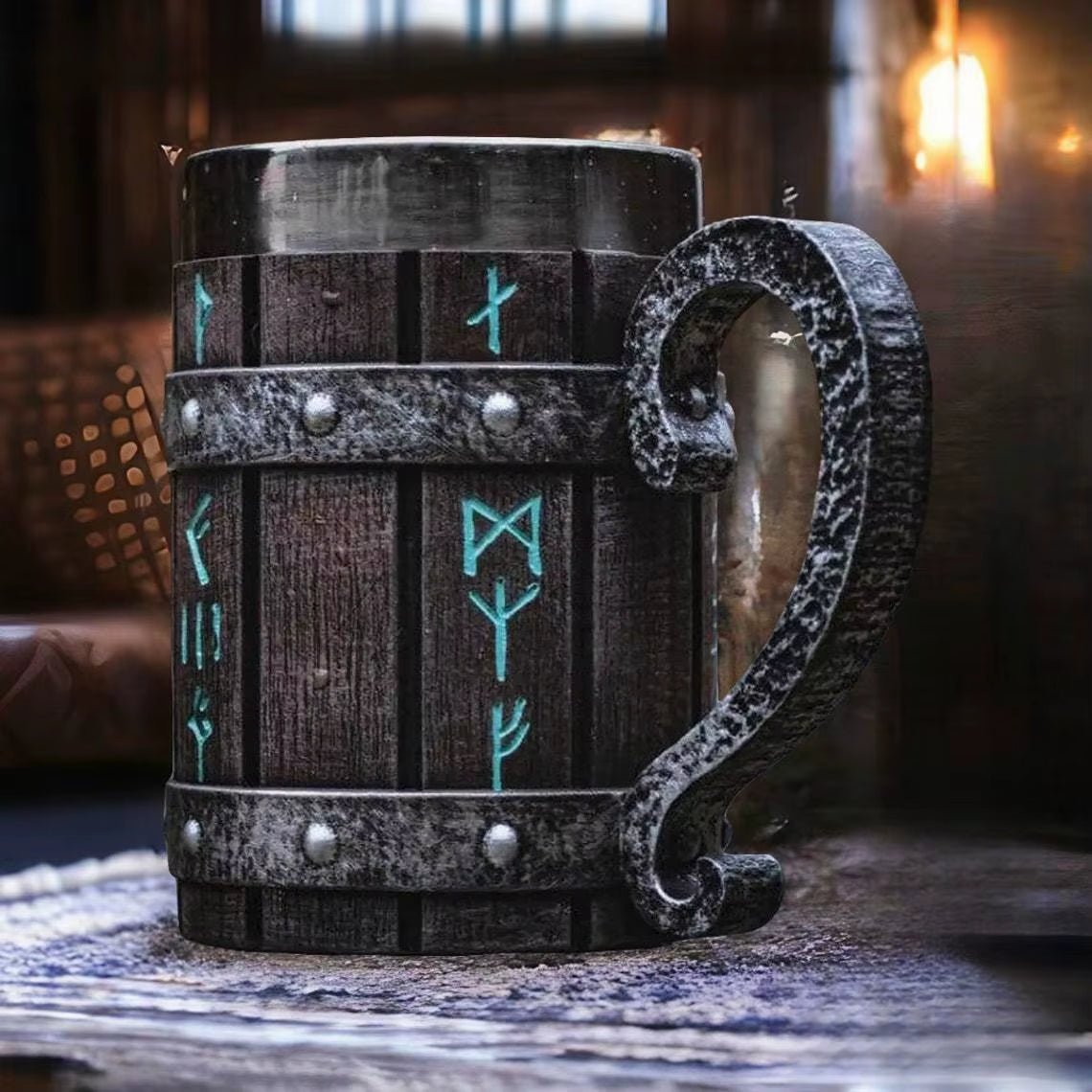 Viking Oak Barrel Beer Mug | 600ml Wooden Stein – Viking home decor | Norse runes & Nordic jewelry