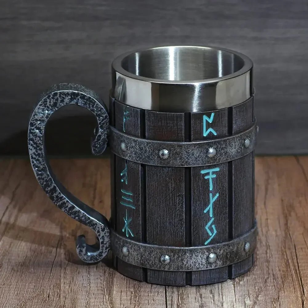 Viking Oak Barrel Beer Mug | 600ml Wooden Stein – Viking home decor | Norse runes & Nordic jewelry
