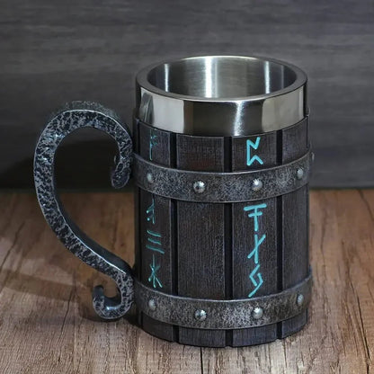 Viking Oak Barrel Beer Mug | 600ml Wooden Stein – Viking home decor | Norse runes & Nordic jewelry