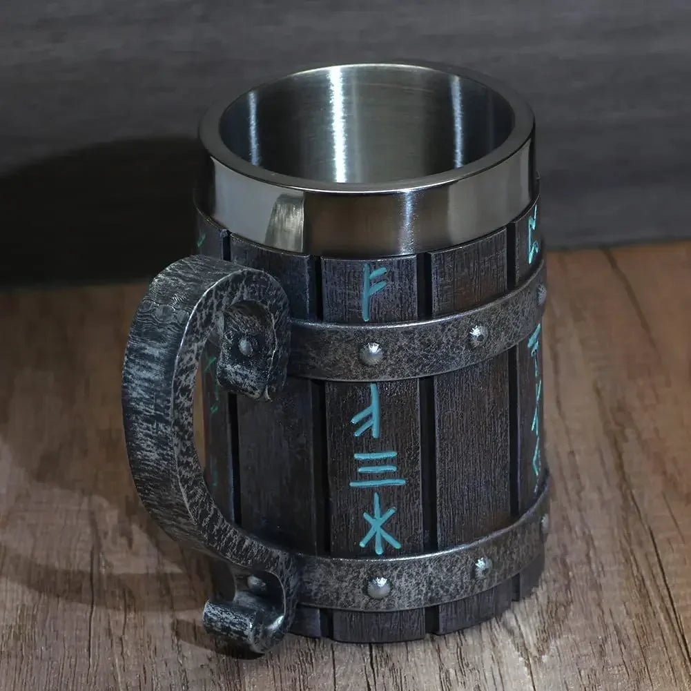 Viking Oak Barrel Beer Mug | 600ml Wooden Stein – Viking home decor | Norse runes & Nordic jewelry