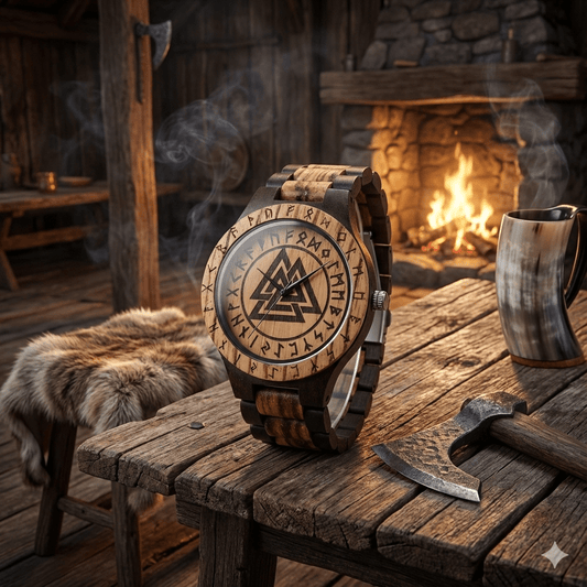 Viking Odin Rune Quartz Wristwatch for Men with Wooden Strap – Viking jewelry | Norse runes & Nordic jewelry