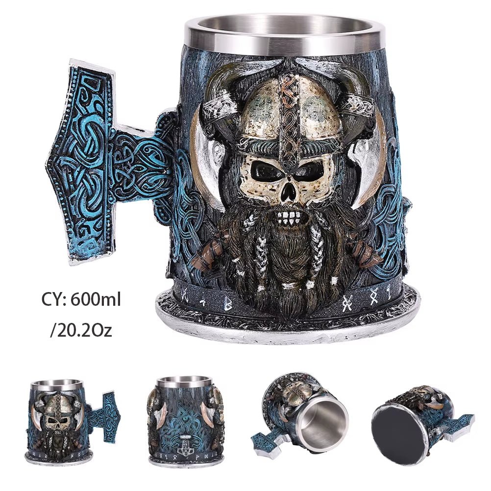 Viking Skull Beer Mug | 600ml Pirate Tankard Stein – Viking Beer Mug | Norse runes & Nordic jewelry